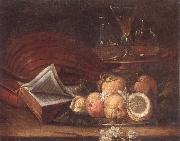 unknow artist Still life of a lute,books,apples and lemons,together with a gilt tazza with a wine glass and decanters,all upon a stone ledge Spain oil painting artist